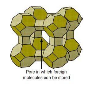 Figure 1. The schematic structure of a zeolite with pores in which foreign molecules can be stored [1]. 