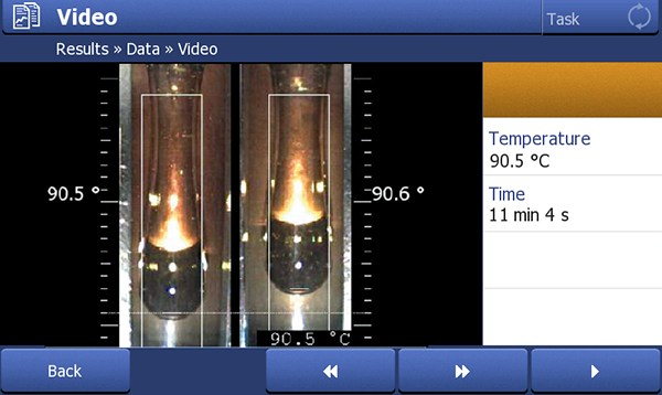 Figure 2. Video-recorded softening point event at 90.5 °C (left) of two resin samples in the DP70. 