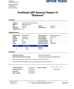 Certificate USP General Chapter 41 