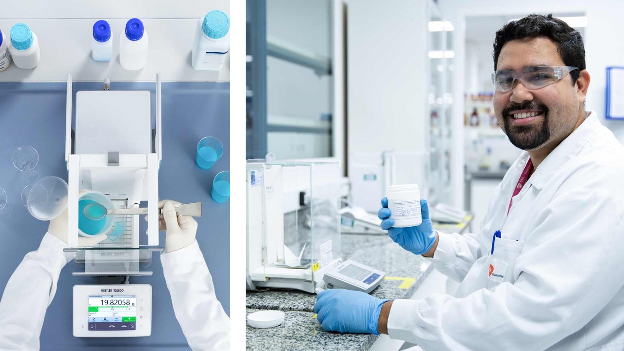 Collage photo on the leftthere is a hand weighing blue power in an analytical balance, on the right there is a man sitting at a lab balance with a medicine bottle 