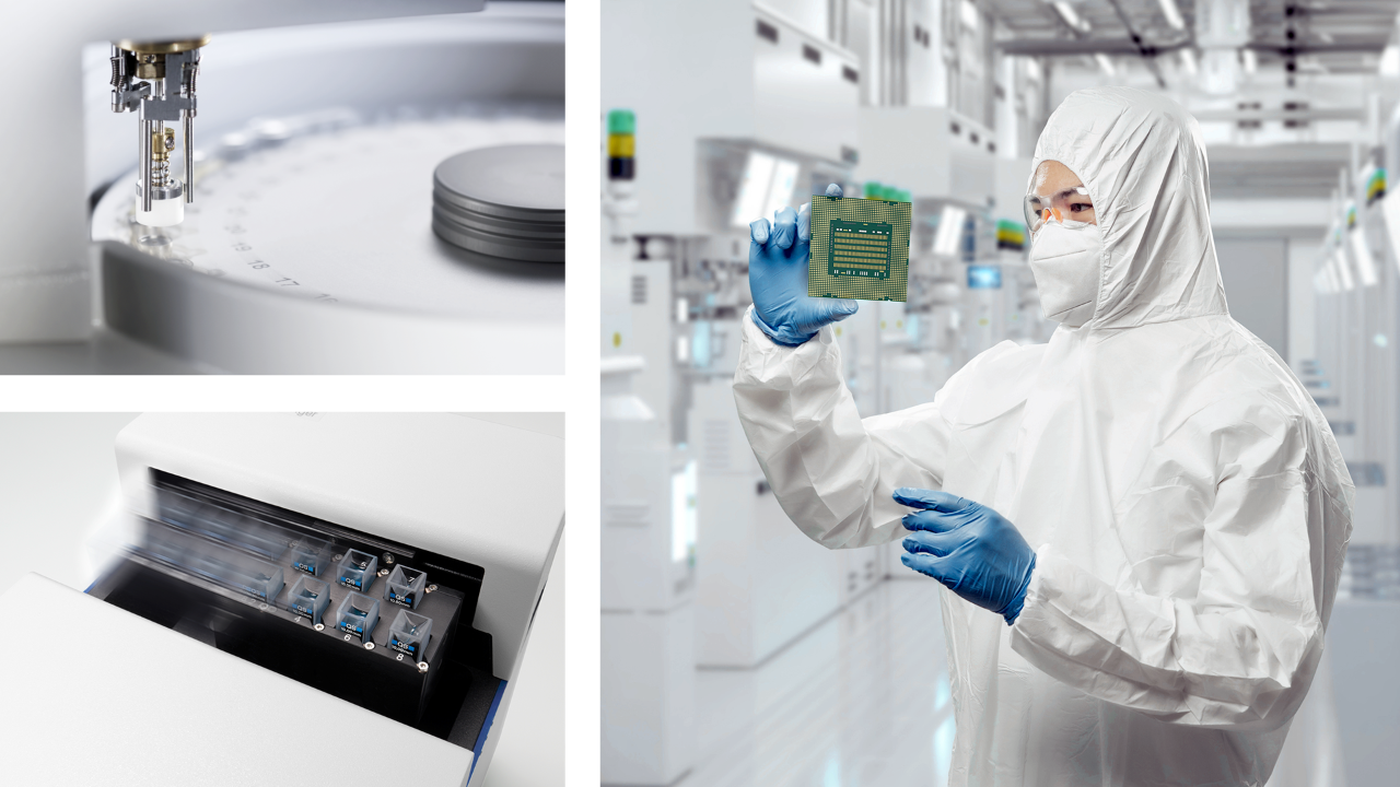 Photo collage of lab worker and instruments for semiconductor backend processes, TGA and UV/VIS instruments