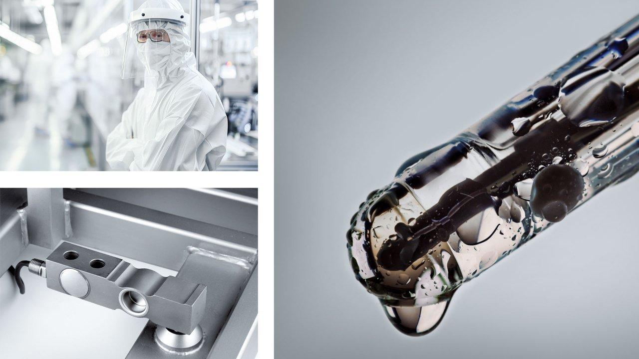 Photo collage of lab scientist, balance and ph sensor for semiconductor quality insurance