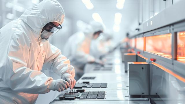 A clean room in a semiconductor lab with engineers in protective suits to create microchips