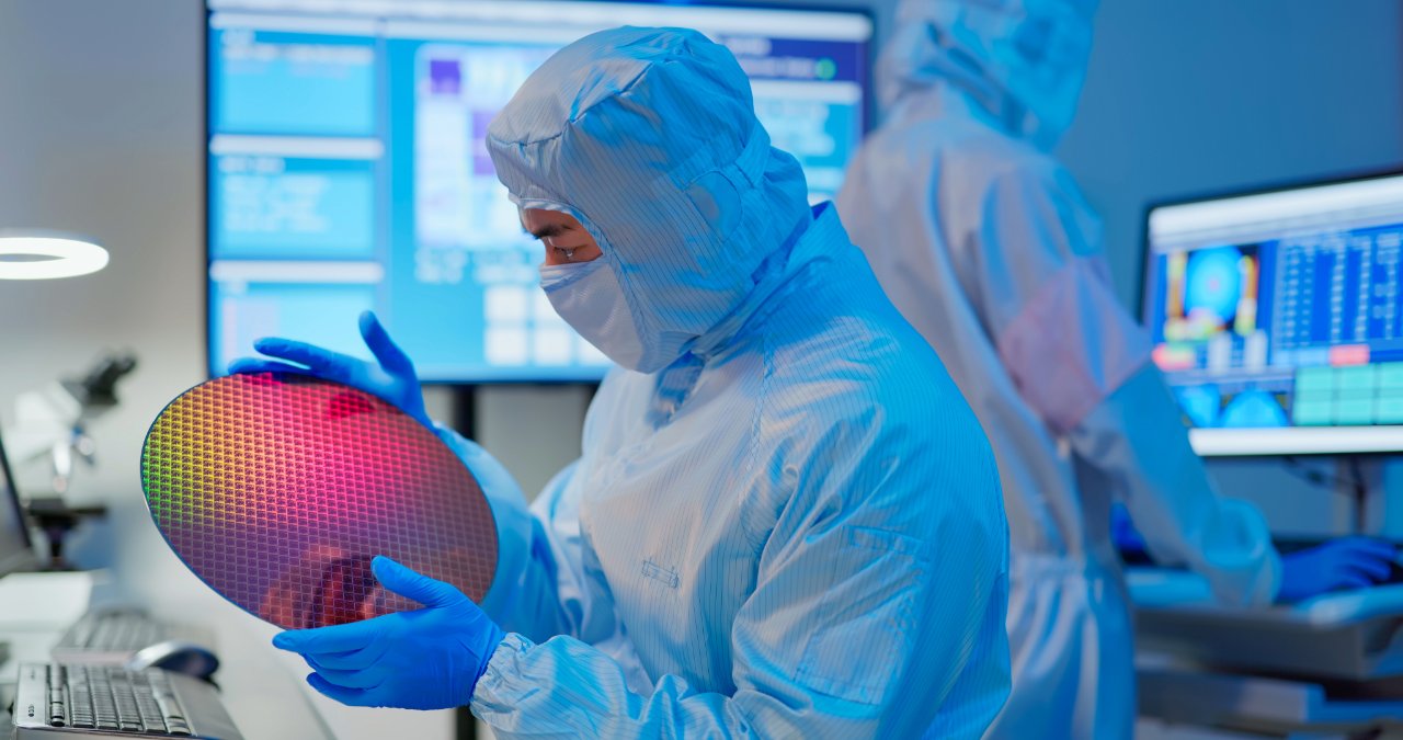 Laboratorieanalytiker med en halvleder i hånden